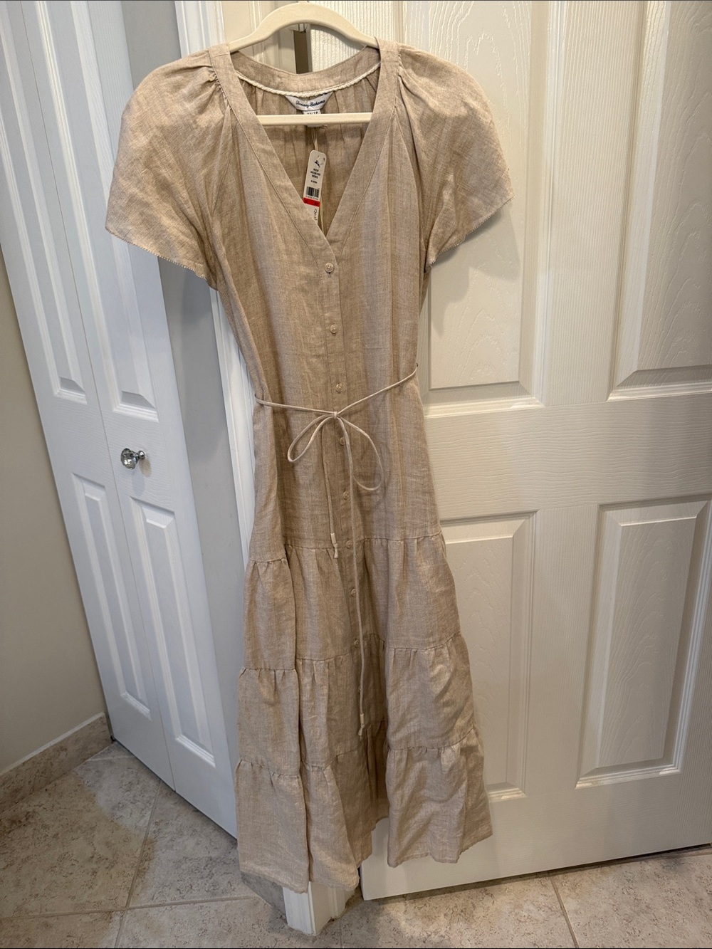 Beige Button-Front Tiered Maxi Dress with Tie Waist
